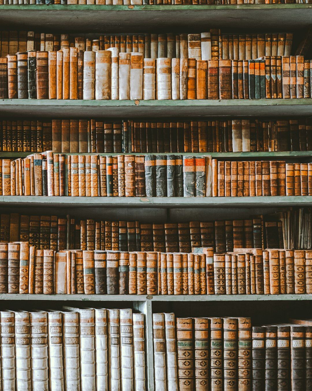 Rows of old books on wooden library shelves